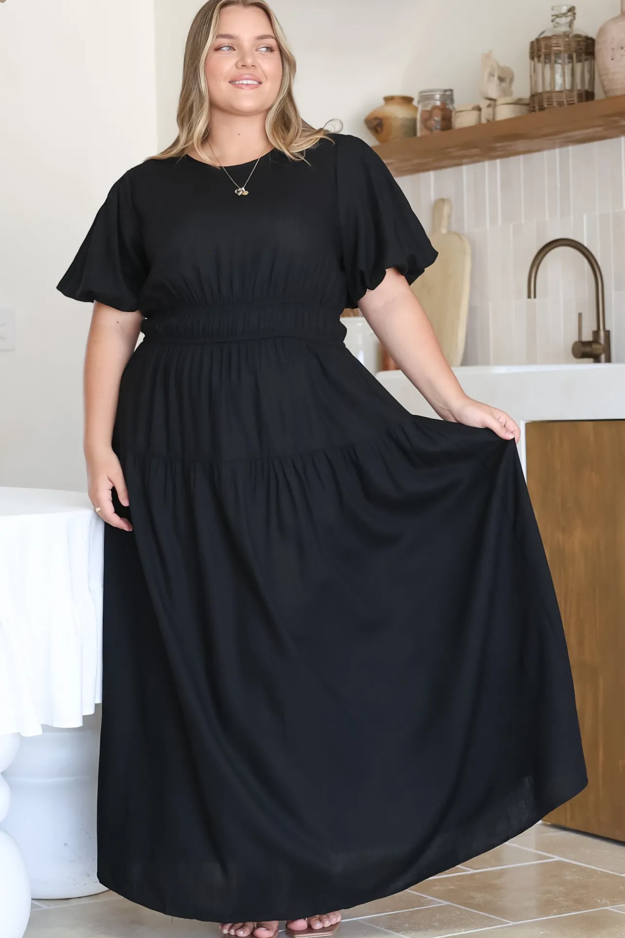 Maeana Maxi Dress - Short Balloon Sleeeve Elasticated Waist A Line Dress in Black>Salty Crush New