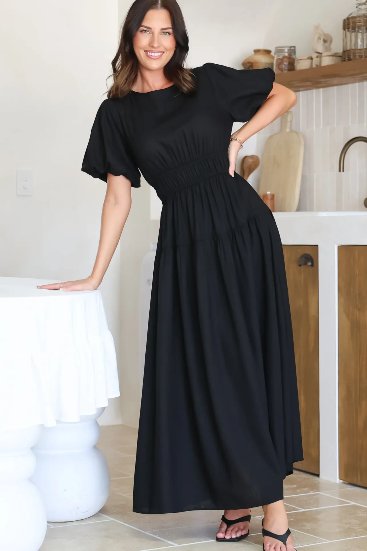 Maeana Maxi Dress - Short Balloon Sleeeve Elasticated Waist A Line Dress in Black>Salty Crush New