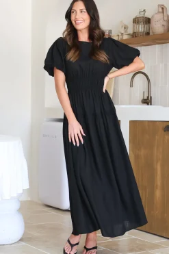 Maeana Maxi Dress - Short Balloon Sleeeve Elasticated Waist A Line Dress in Black><noscript><img width=