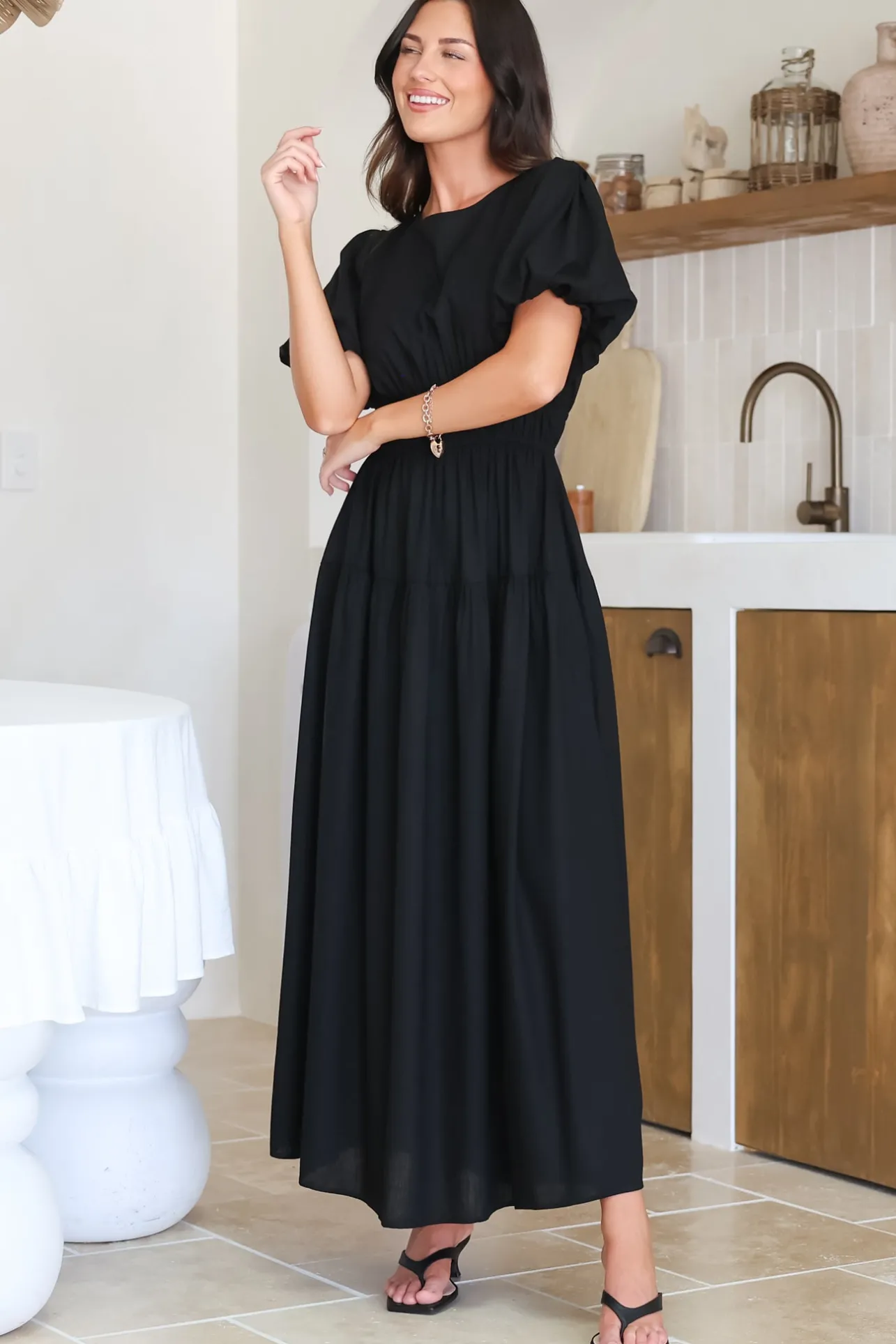 Maeana Maxi Dress - Short Balloon Sleeeve Elasticated Waist A Line Dress in Black>Salty Crush New