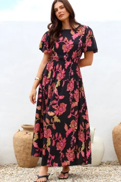 Maeana Maxi Dress - Short Balloon Sleeeve Elasticated Waist A Line Dress in Valerie Print>Salty Crush Outlet