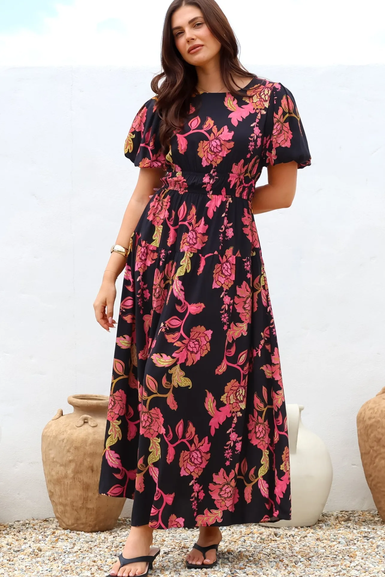 Maeana Maxi Dress - Short Balloon Sleeeve Elasticated Waist A Line Dress in Valerie Print>Salty Crush Outlet
