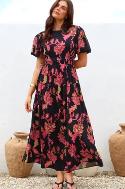 Maeana Maxi Dress - Short Balloon Sleeeve Elasticated Waist A Line Dress in Valerie Print>Salty Crush Outlet