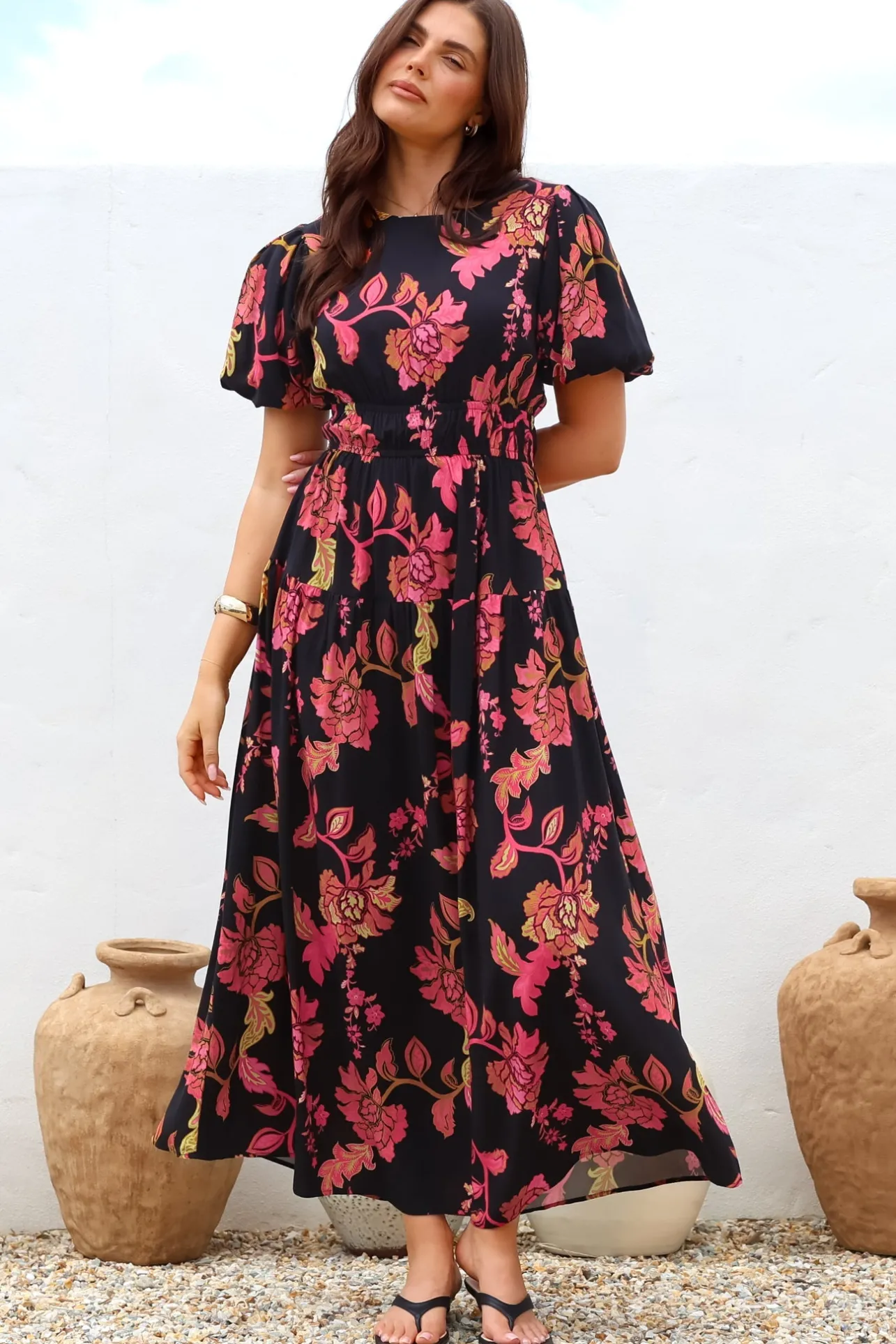 Maeana Maxi Dress - Short Balloon Sleeeve Elasticated Waist A Line Dress in Valerie Print>Salty Crush Outlet