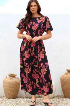 Maeana Maxi Dress - Short Balloon Sleeeve Elasticated Waist A Line Dress in Valerie Print><noscript><img width=