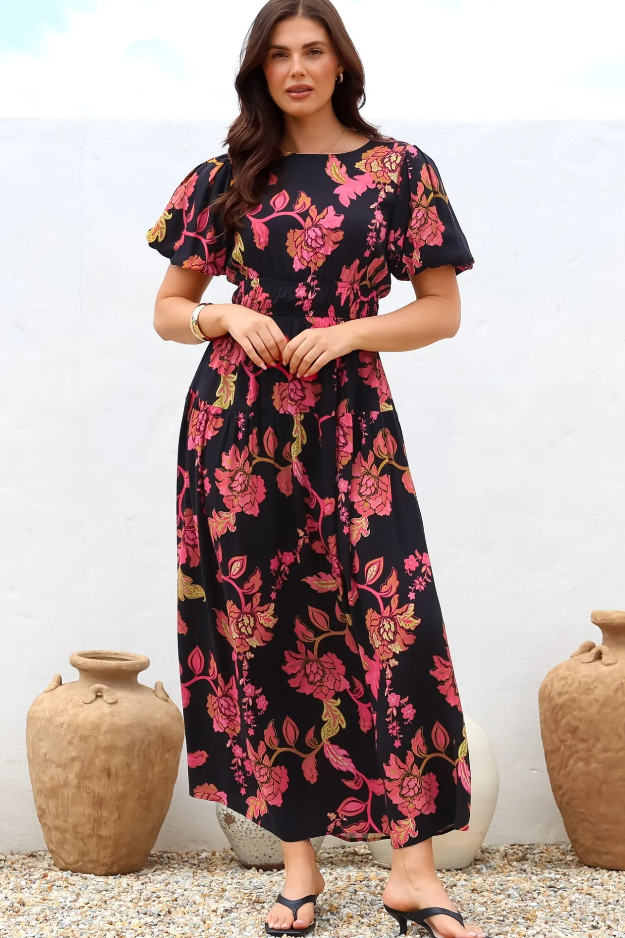 Maeana Maxi Dress - Short Balloon Sleeeve Elasticated Waist A Line Dress in Valerie Print>Salty Crush Outlet