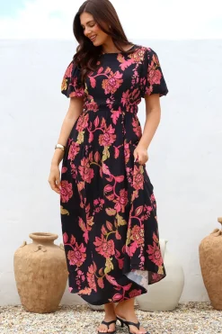 Maeana Maxi Dress - Short Balloon Sleeeve Elasticated Waist A Line Dress in Valerie Print><noscript><img width=