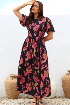 Maeana Maxi Dress - Short Balloon Sleeeve Elasticated Waist A Line Dress in Valerie Print><noscript><img width=