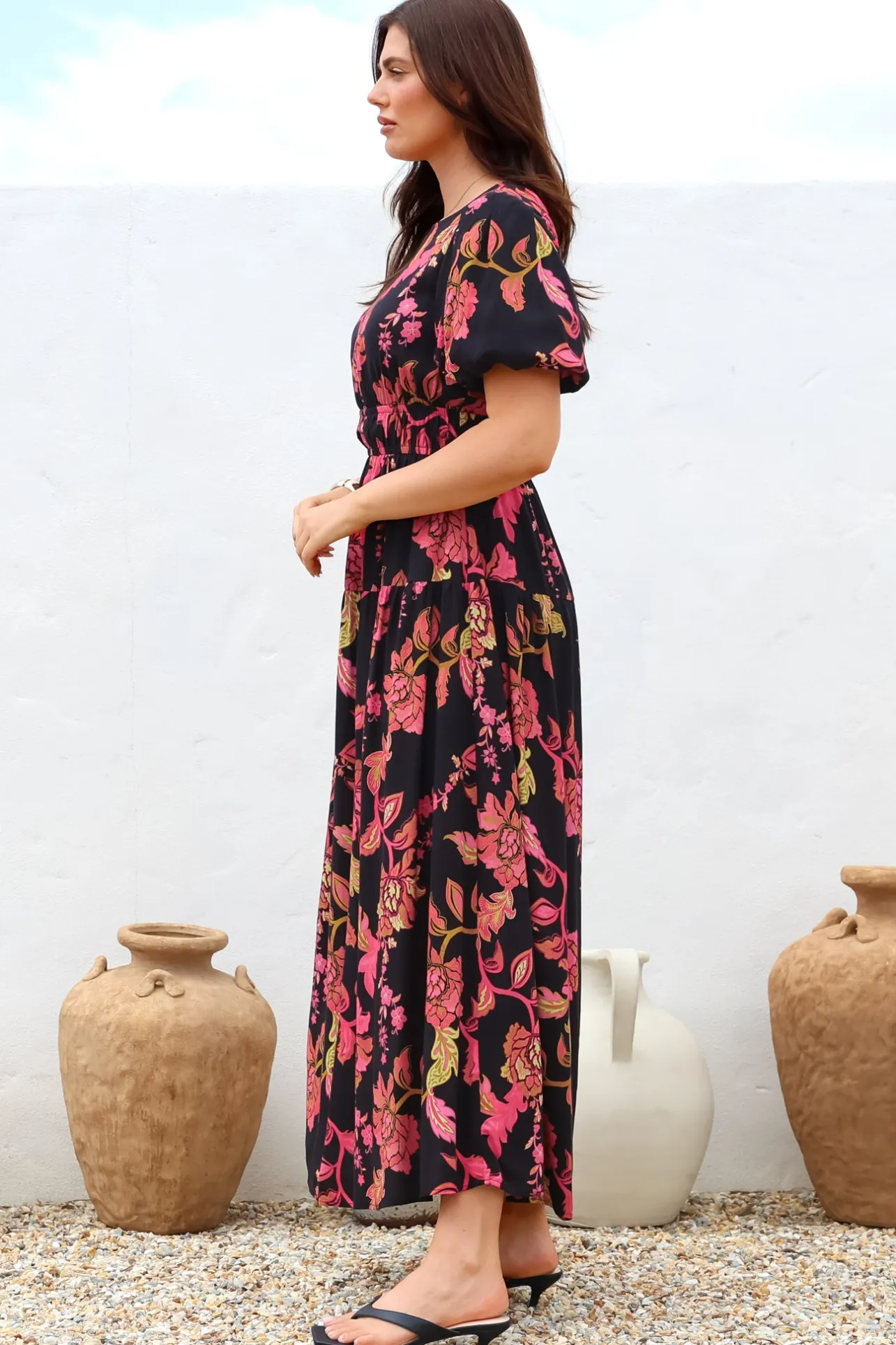 Maeana Maxi Dress - Short Balloon Sleeeve Elasticated Waist A Line Dress in Valerie Print>Salty Crush Outlet