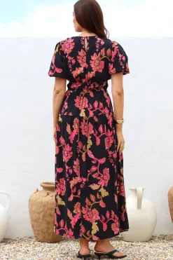 Maeana Maxi Dress - Short Balloon Sleeeve Elasticated Waist A Line Dress in Valerie Print><noscript><img width=