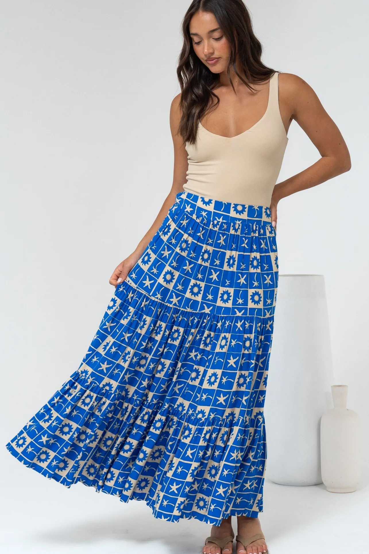 Maggie Maxi Skirt - Elasticated High Waist Skirt in Talia Print>Salty Crush Clearance