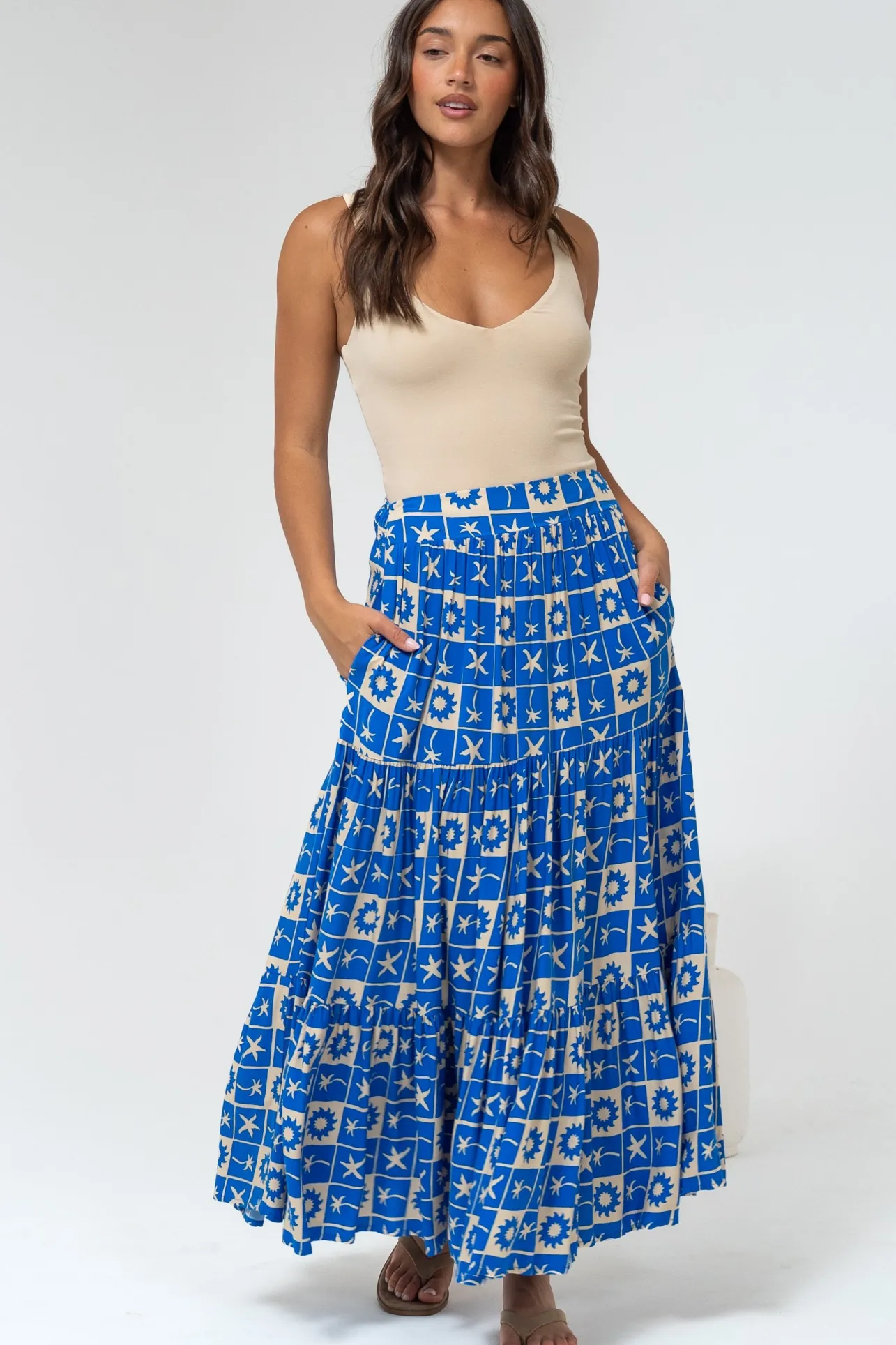 Maggie Maxi Skirt - Elasticated High Waist Skirt in Talia Print>Salty Crush Clearance