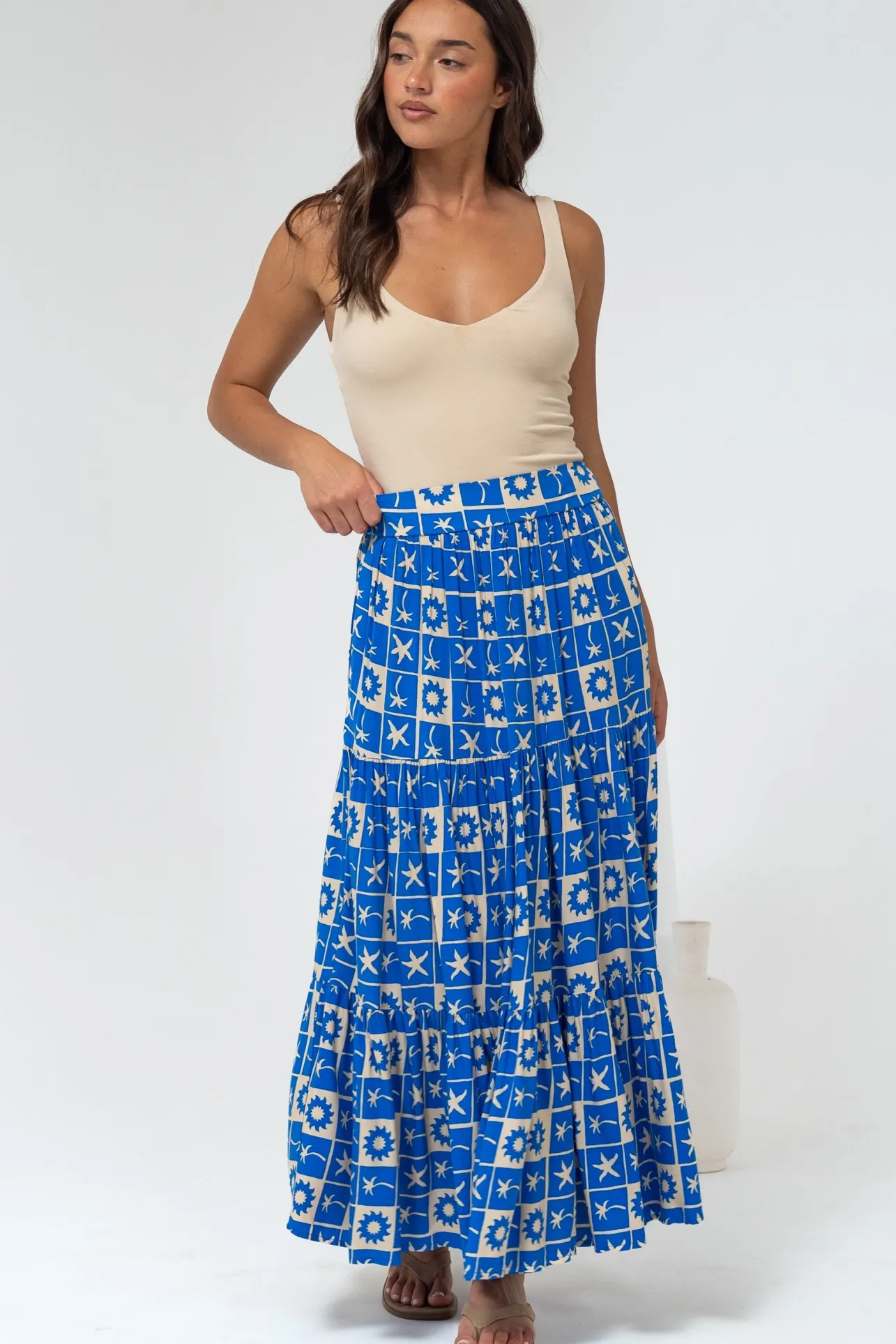 Maggie Maxi Skirt - Elasticated High Waist Skirt in Talia Print>Salty Crush Clearance