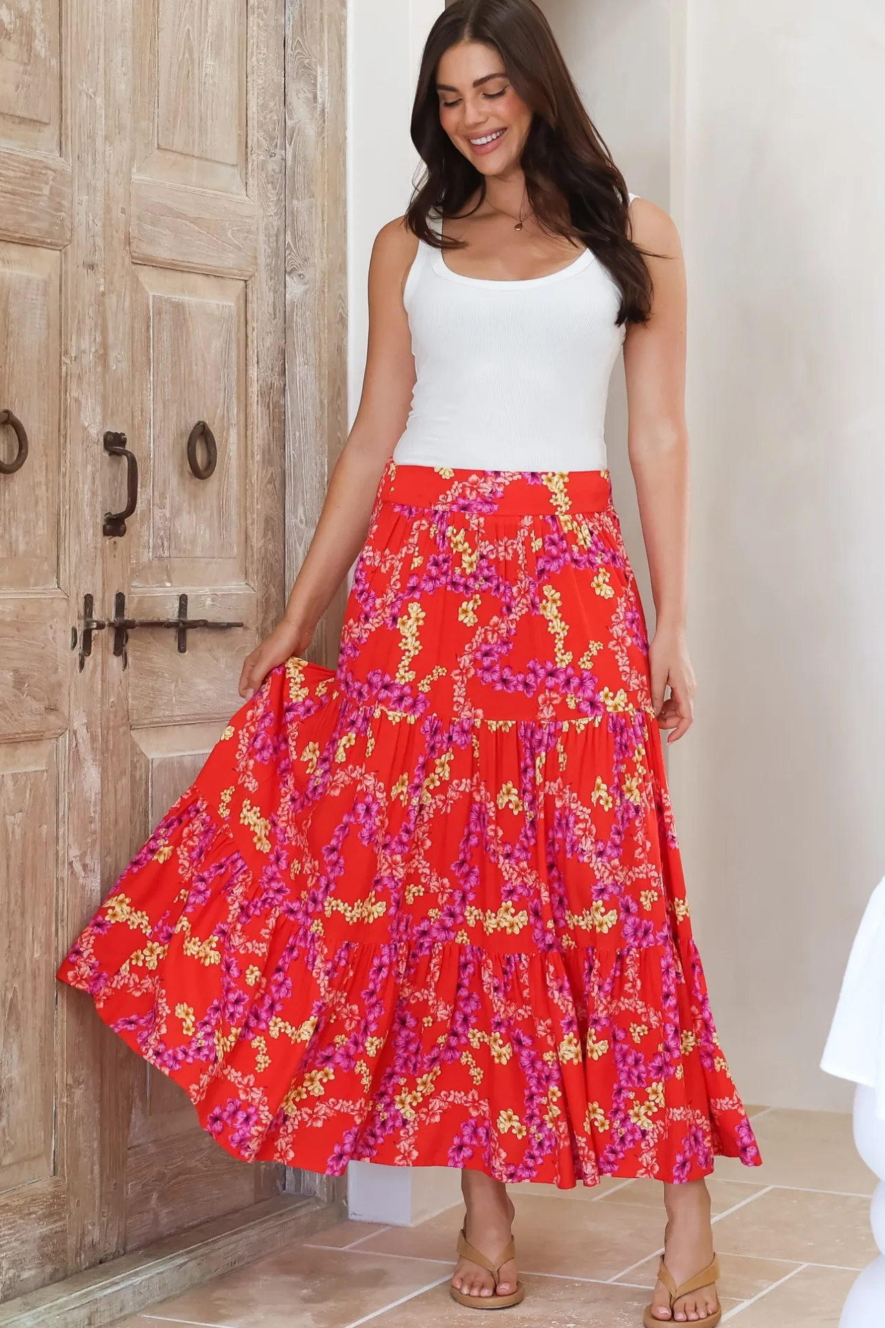 Maggie Maxi Skirt - Elasticated High Waist Skirt in Comino Print>Salty Crush Sale