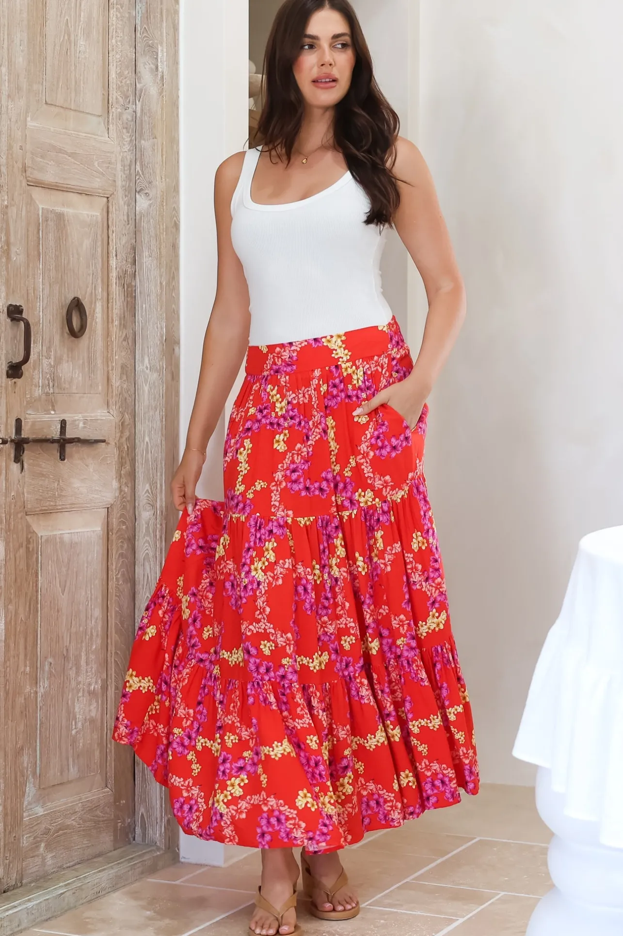Maggie Maxi Skirt - Elasticated High Waist Skirt in Comino Print>Salty Crush Sale