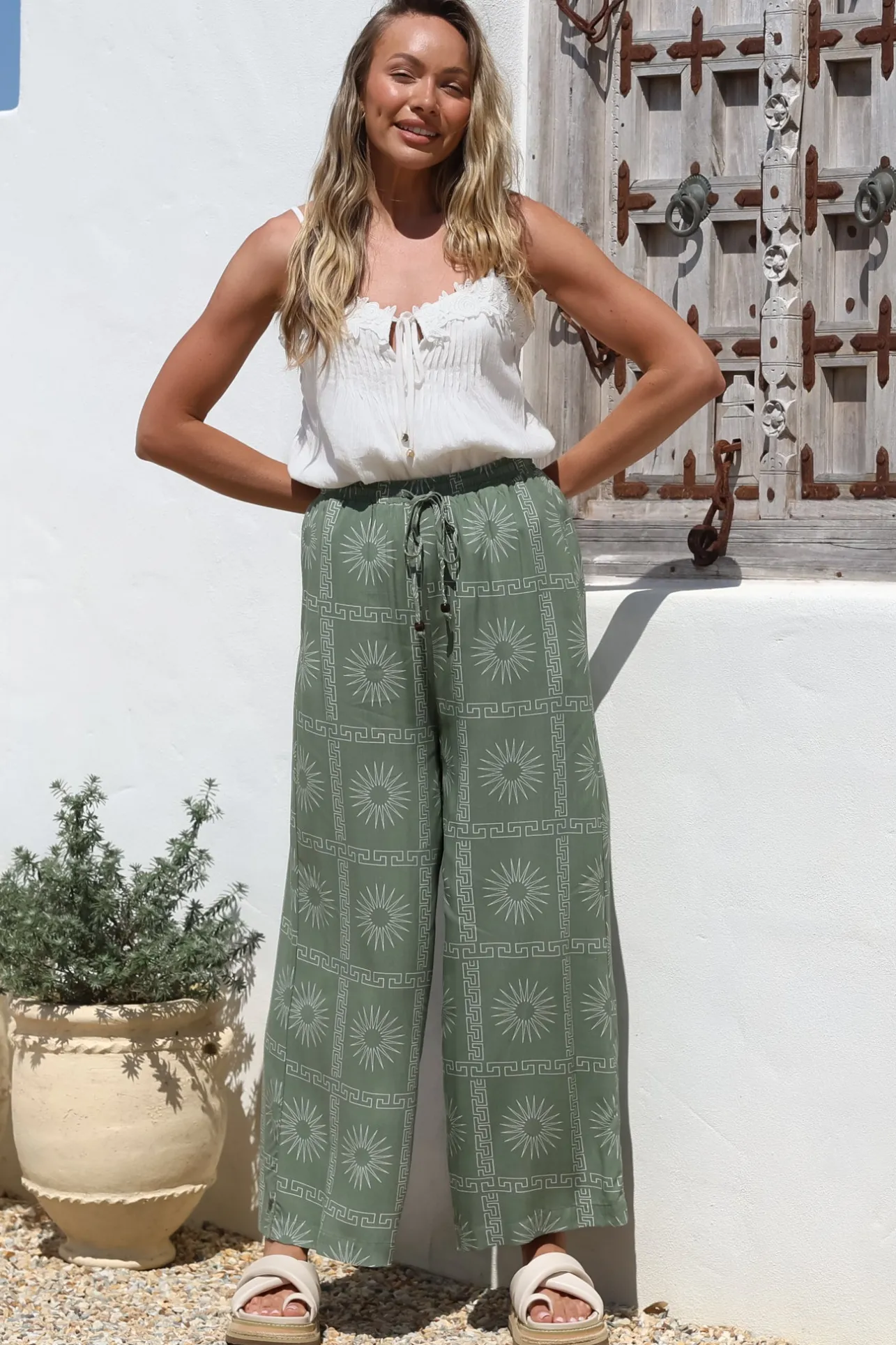 Mahina Pants - High Waisted Straight Leg Pants Astra Print in Green>Salty Crush Hot