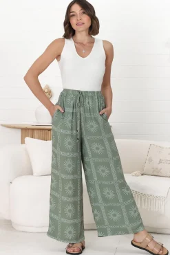 Mahina Pants - High Waisted Straight Leg Pants Astra Print in Green><noscript><img width=