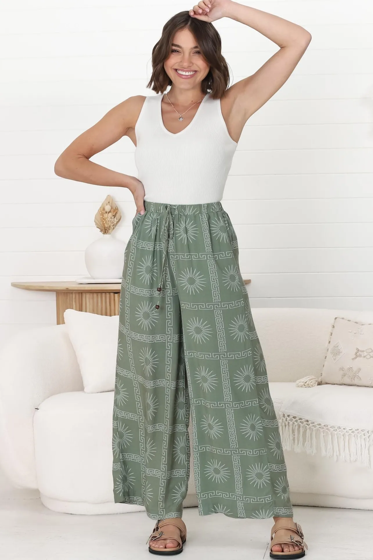Mahina Pants - High Waisted Straight Leg Pants Astra Print in Green>Salty Crush Hot