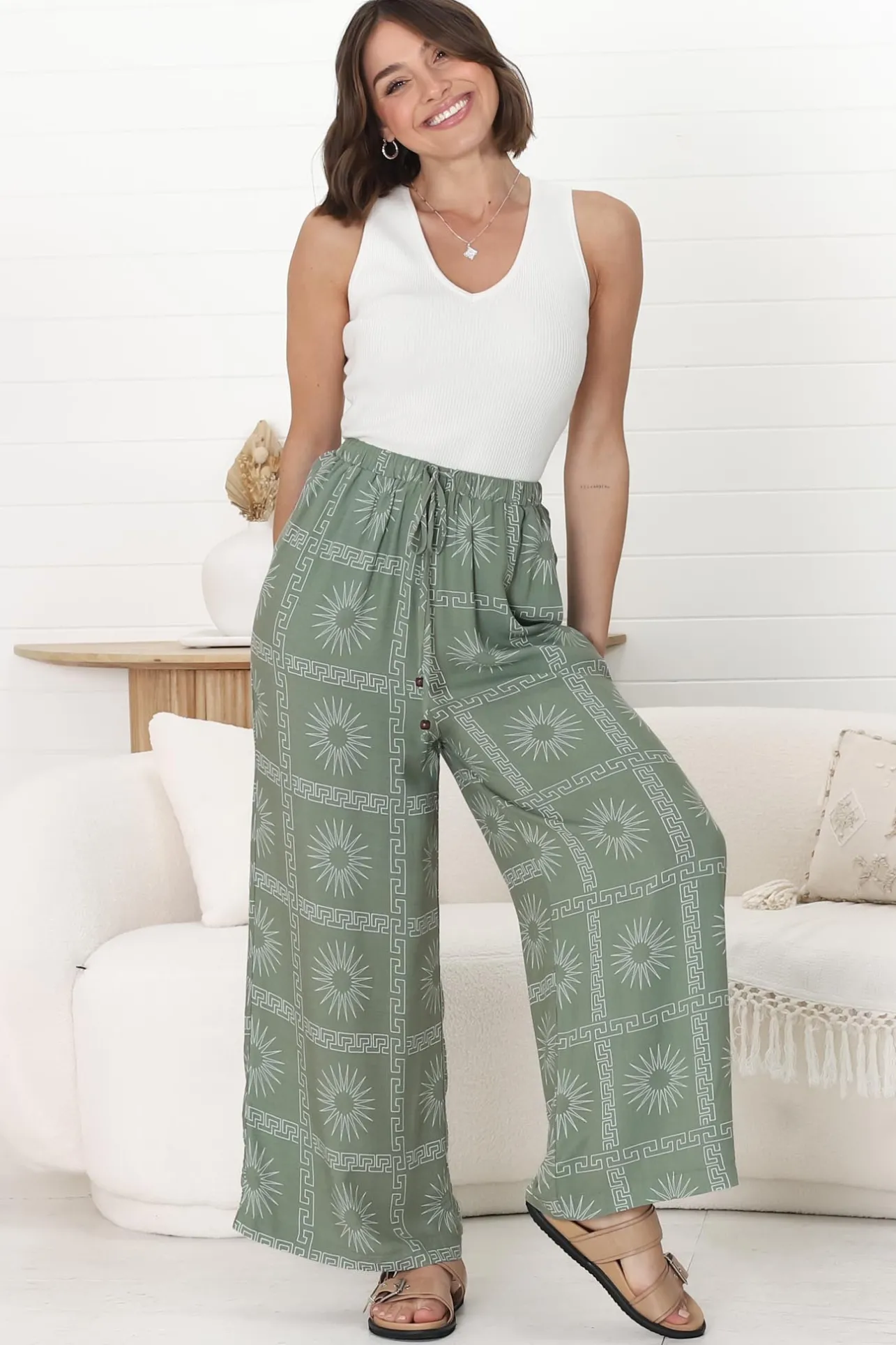 Mahina Pants - High Waisted Straight Leg Pants Astra Print in Green>Salty Crush Hot