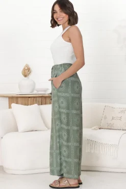 Mahina Pants - High Waisted Straight Leg Pants Astra Print in Green><noscript><img width=