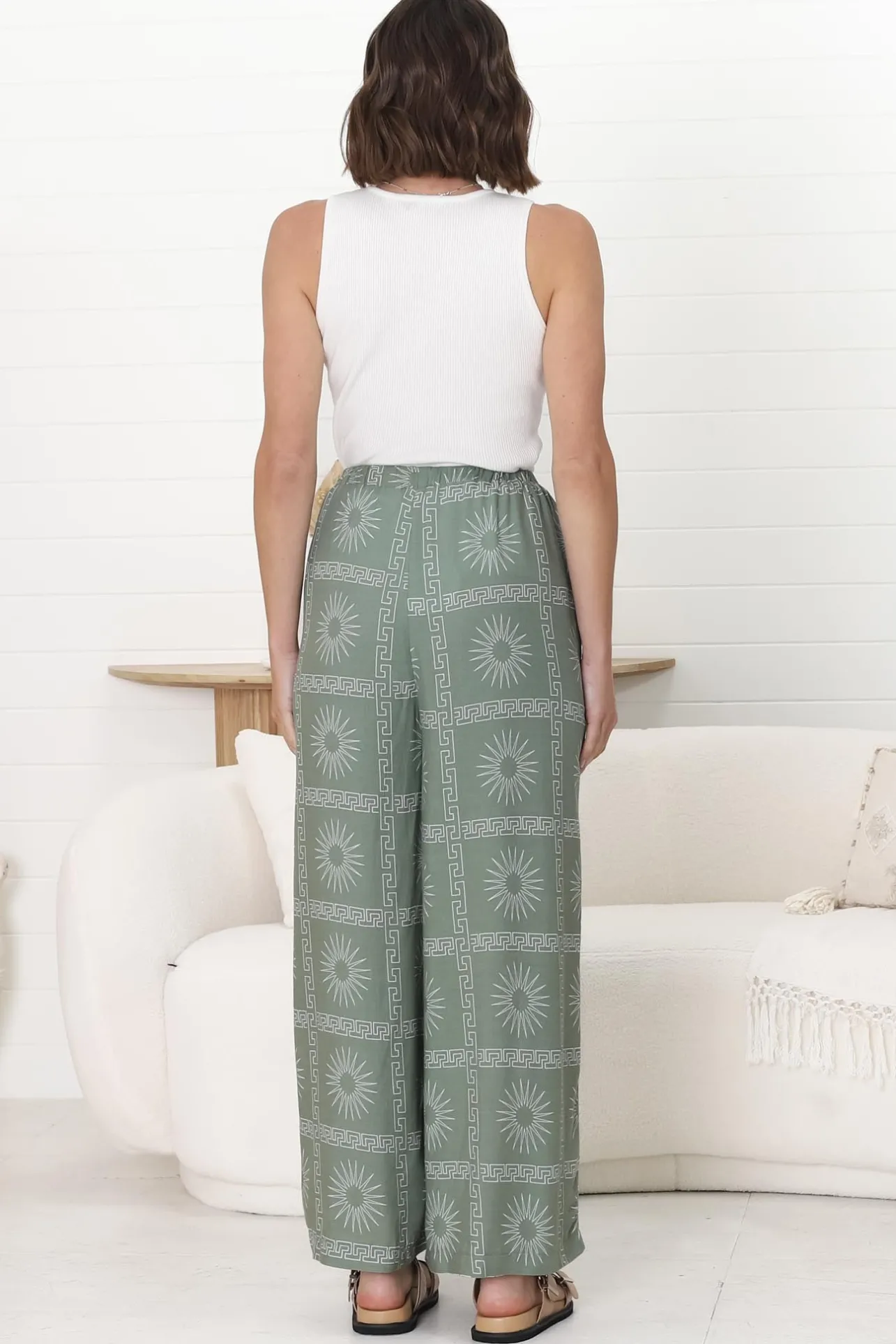 Mahina Pants - High Waisted Straight Leg Pants Astra Print in Green>Salty Crush Hot