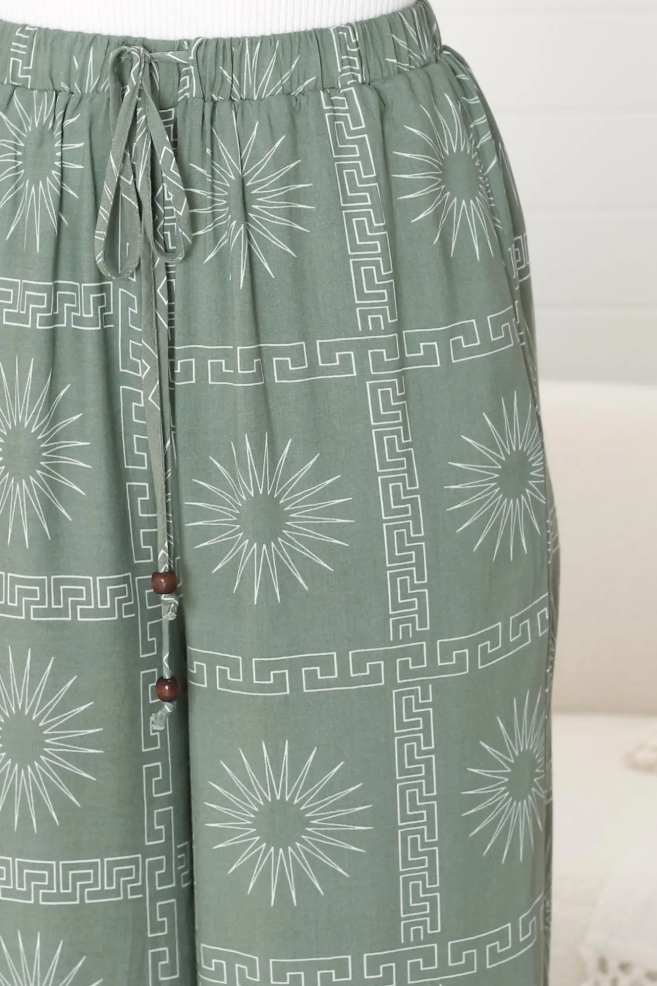 Mahina Pants - High Waisted Straight Leg Pants Astra Print in Green>Salty Crush Hot