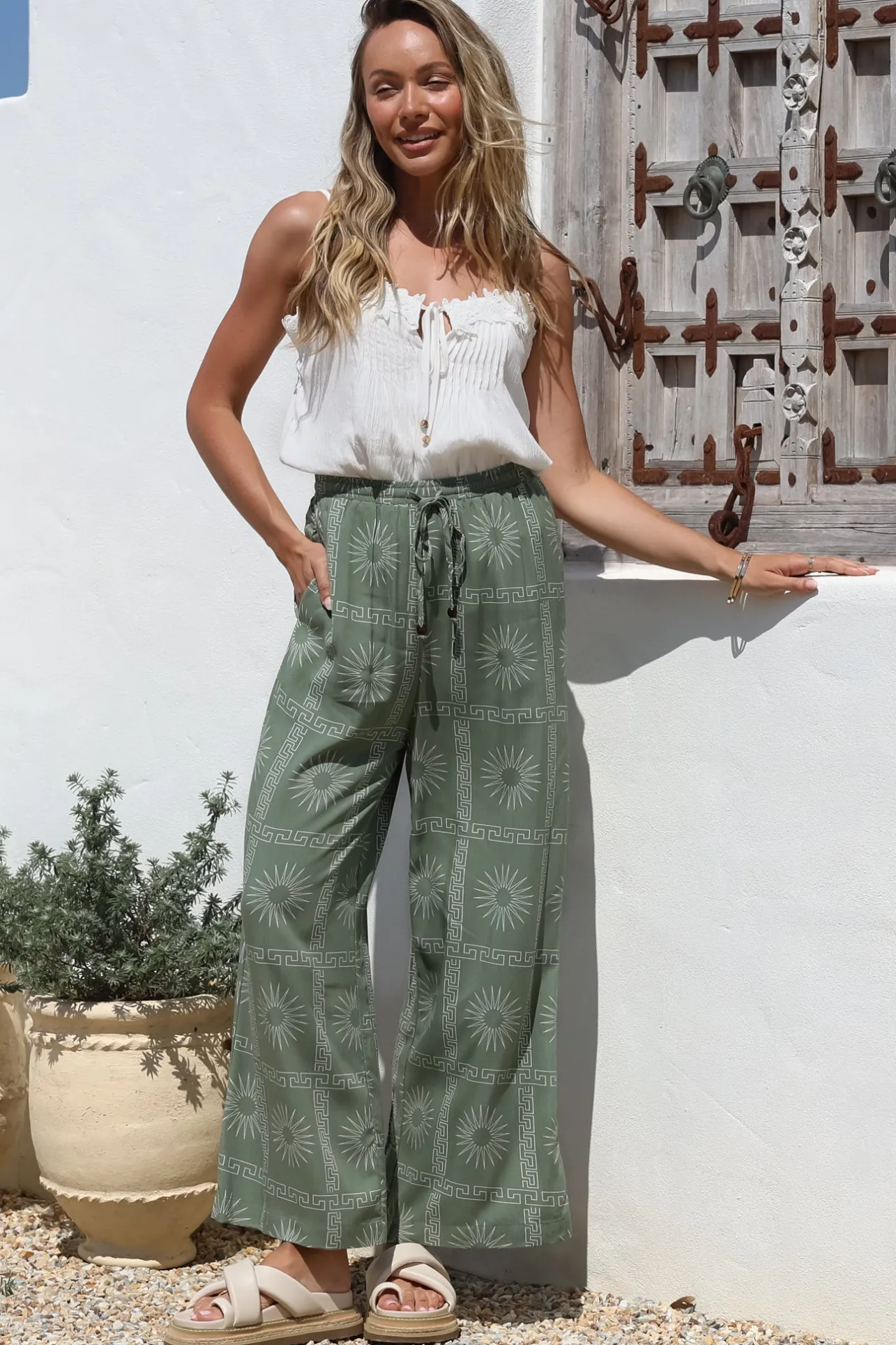 Mahina Pants - High Waisted Straight Leg Pants Astra Print in Green>Salty Crush Hot