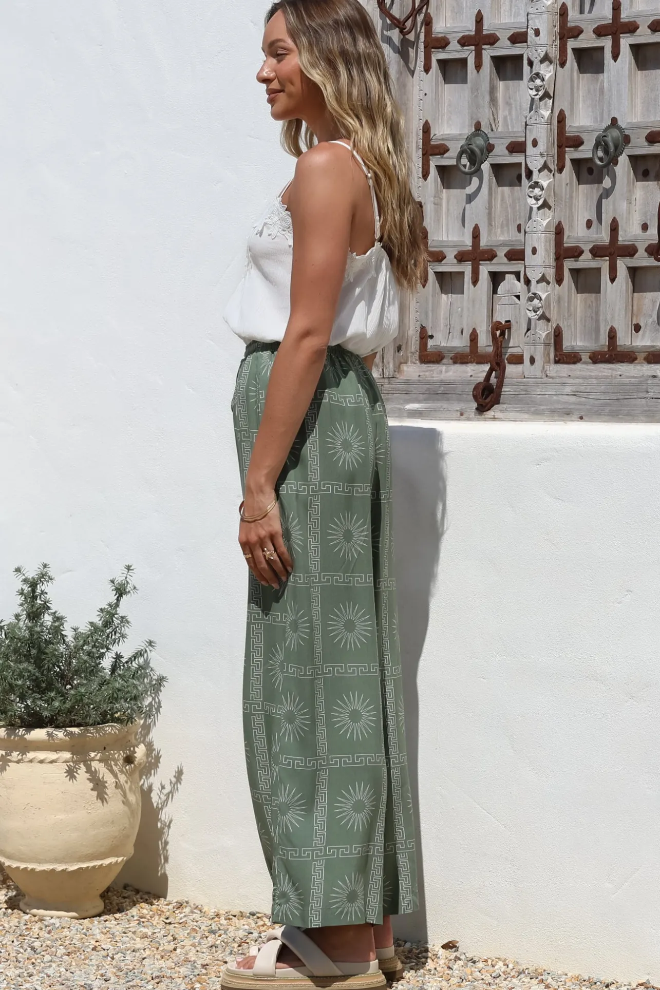 Mahina Pants - High Waisted Straight Leg Pants Astra Print in Green>Salty Crush Hot