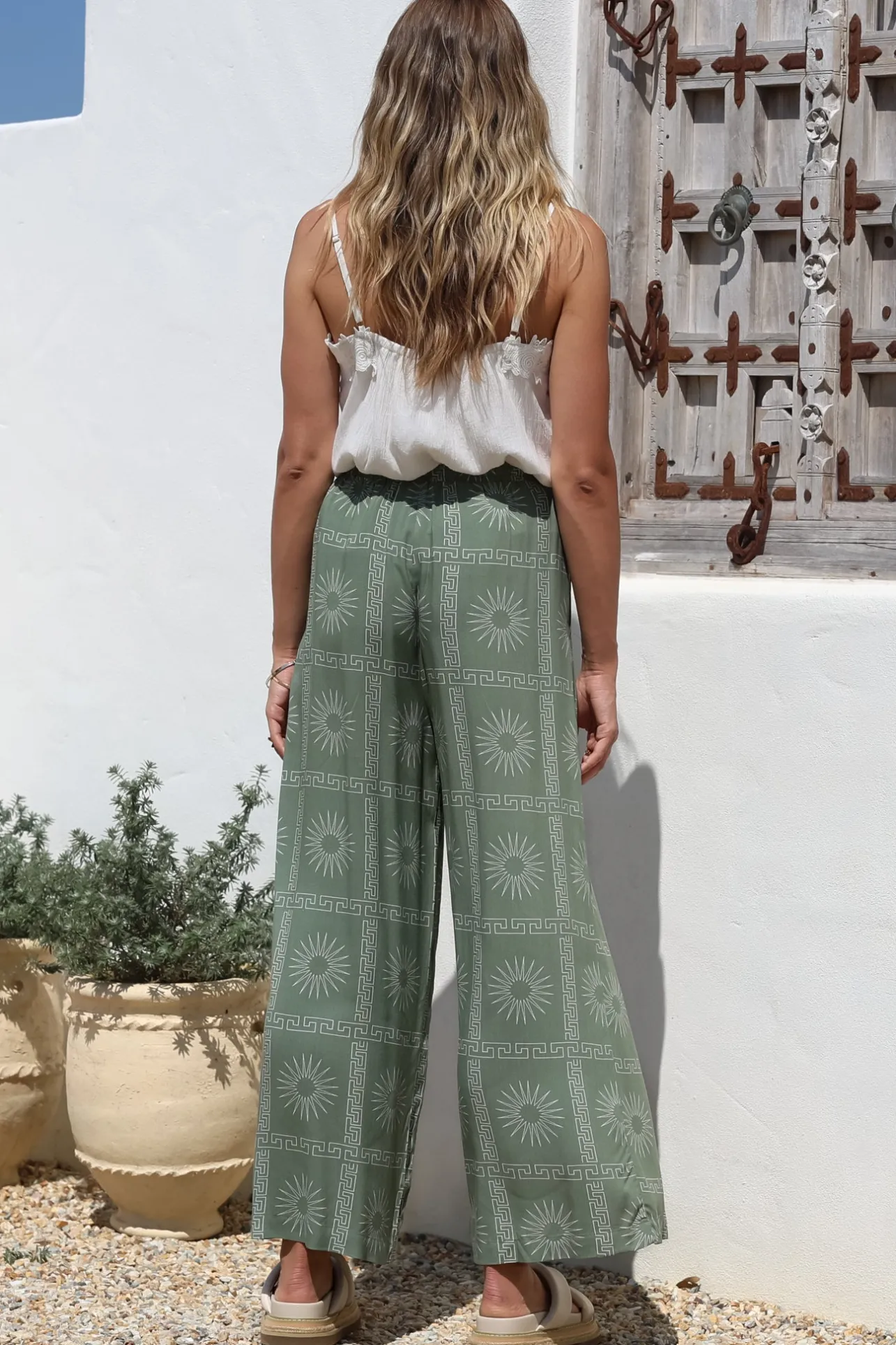 Mahina Pants - High Waisted Straight Leg Pants Astra Print in Green>Salty Crush Hot