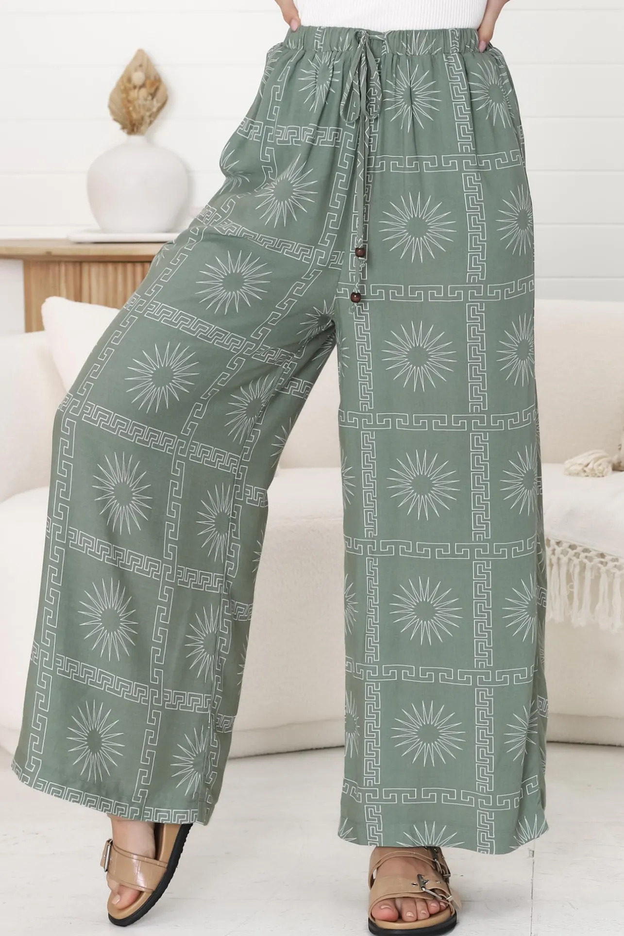 Mahina Pants - High Waisted Straight Leg Pants Astra Print in Green>Salty Crush Hot