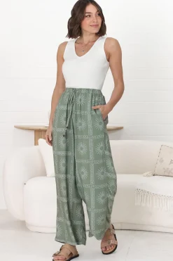 Mahina Pants - High Waisted Straight Leg Pants Astra Print in Green><noscript><img width=