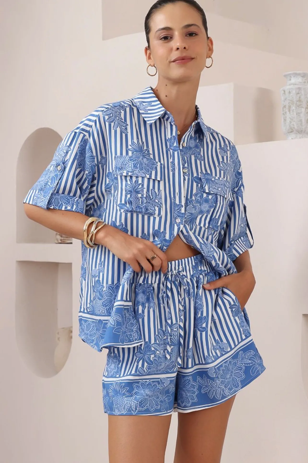 Maiso Shorts - Elasticated High Waist Shorts with Pockets in Keller Print>Salty Crush