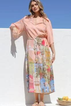 Maisy Midi Dress - Collared Shift Dress with Robe Belt and Bell Sleeves in Tullia Print>Salty Crush Best