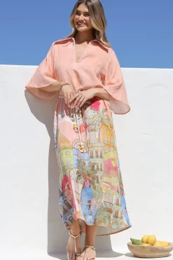 Maisy Midi Dress - Collared Shift Dress with Robe Belt and Bell Sleeves in Tullia Print>Salty Crush Best