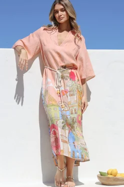 Maisy Midi Dress - Collared Shift Dress with Robe Belt and Bell Sleeves in Tullia Print><noscript><img width=