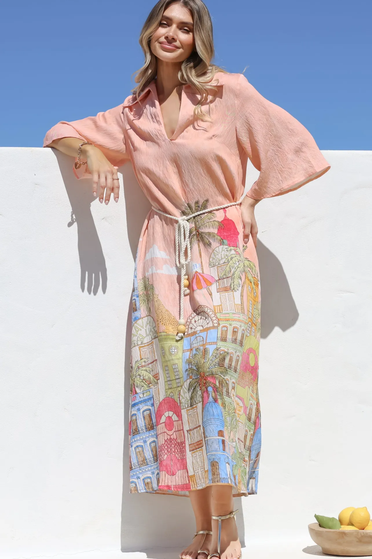 Maisy Midi Dress - Collared Shift Dress with Robe Belt and Bell Sleeves in Tullia Print>Salty Crush Best