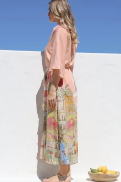 Maisy Midi Dress - Collared Shift Dress with Robe Belt and Bell Sleeves in Tullia Print><noscript><img width=