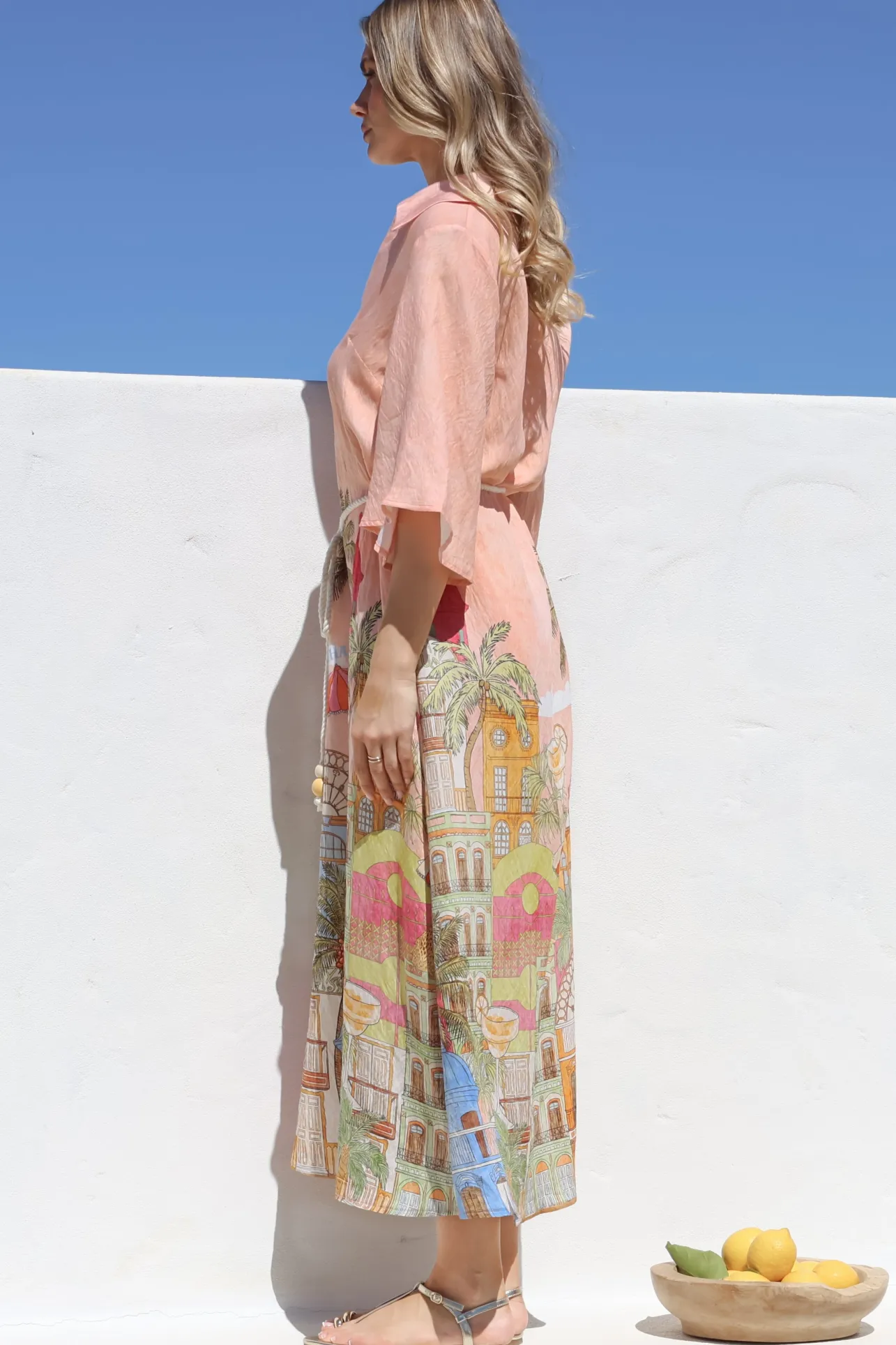 Maisy Midi Dress - Collared Shift Dress with Robe Belt and Bell Sleeves in Tullia Print>Salty Crush Best