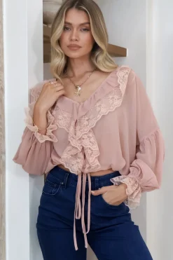 Mallin Blouse - Cascading Ruffles and Lace Crop with Balloon Sleeves in Pink>Salty Crush Sale