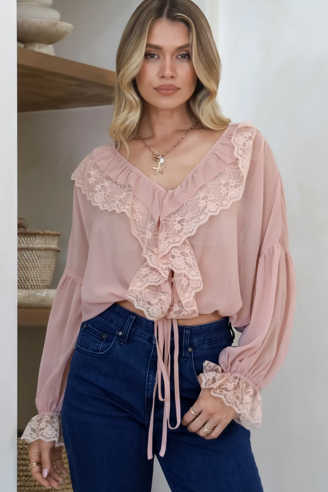 Mallin Blouse - Cascading Ruffles and Lace Crop with Balloon Sleeves in Pink>Salty Crush Sale