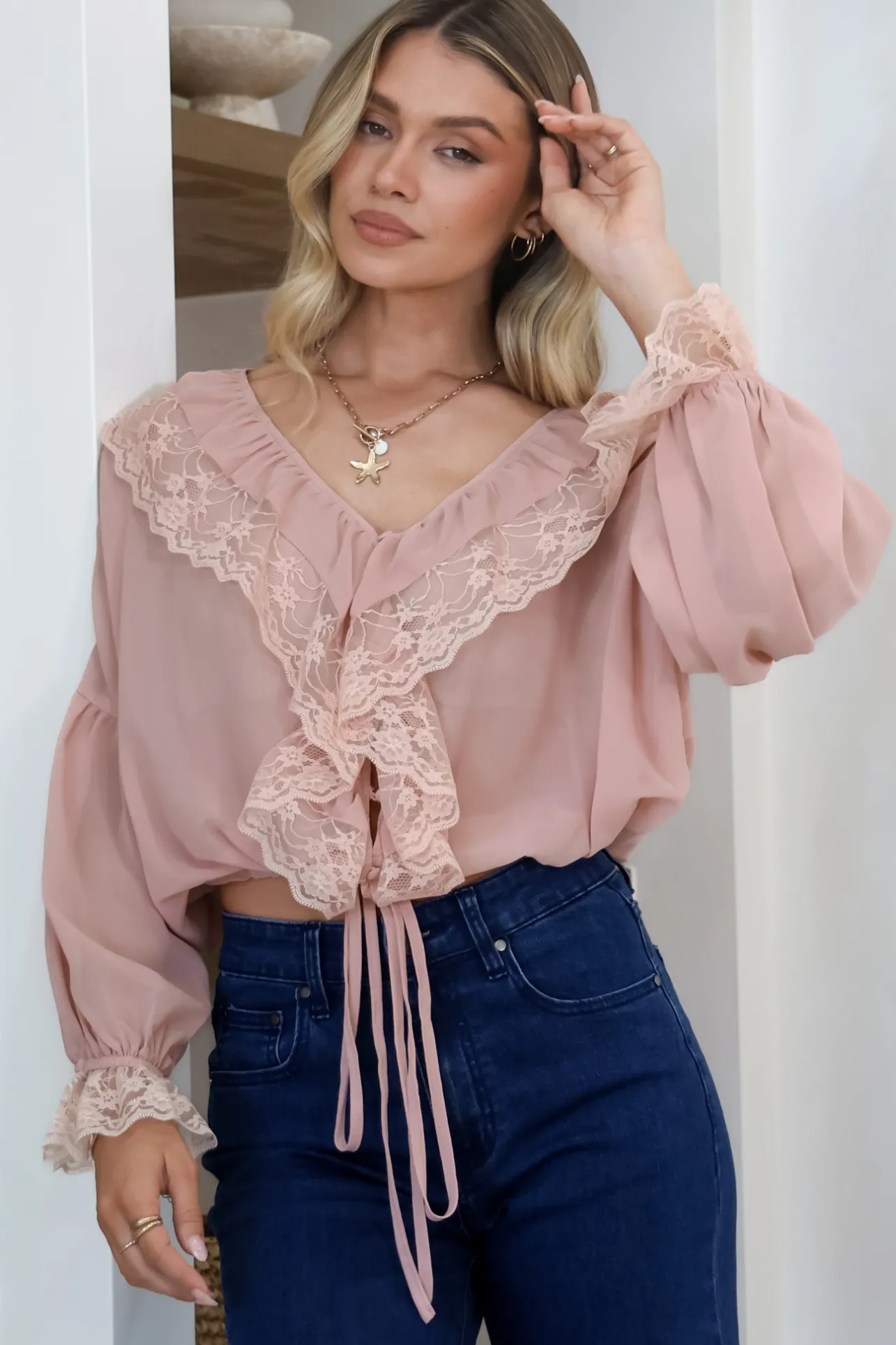 Mallin Blouse - Cascading Ruffles and Lace Crop with Balloon Sleeves in Pink>Salty Crush Sale