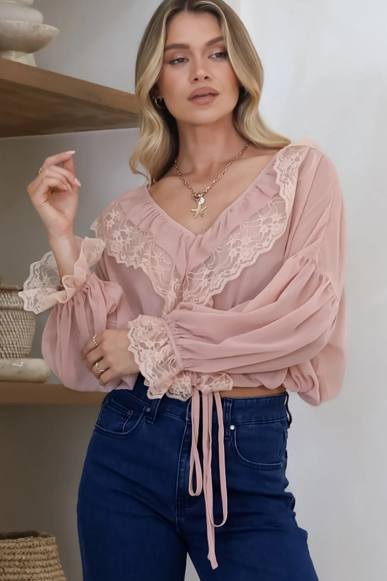 Mallin Blouse - Cascading Ruffles and Lace Crop with Balloon Sleeves in Pink>Salty Crush Sale