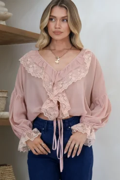 Mallin Blouse - Cascading Ruffles and Lace Crop with Balloon Sleeves in Pink><noscript><img width=