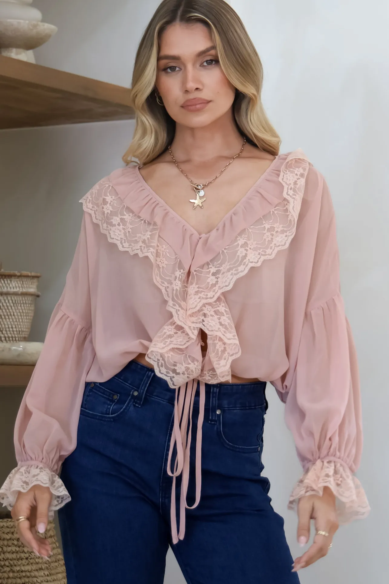 Mallin Blouse - Cascading Ruffles and Lace Crop with Balloon Sleeves in Pink>Salty Crush Sale