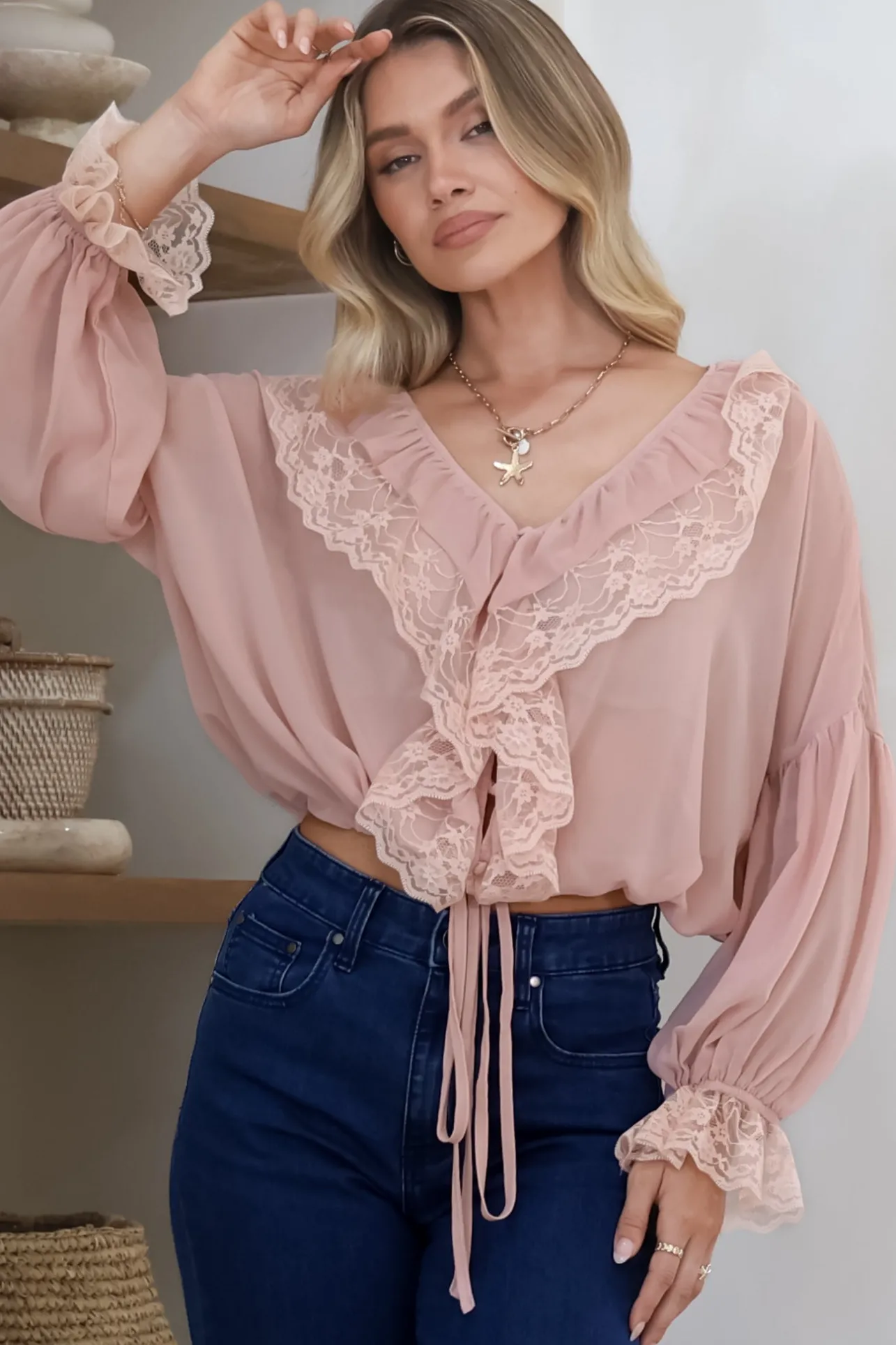 Mallin Blouse - Cascading Ruffles and Lace Crop with Balloon Sleeves in Pink>Salty Crush Sale
