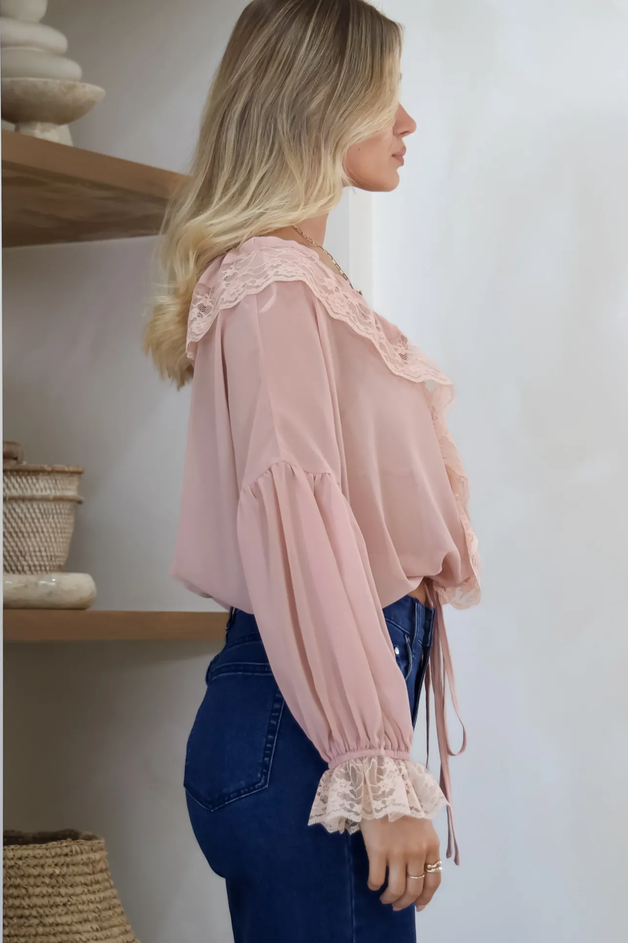 Mallin Blouse - Cascading Ruffles and Lace Crop with Balloon Sleeves in Pink>Salty Crush Sale