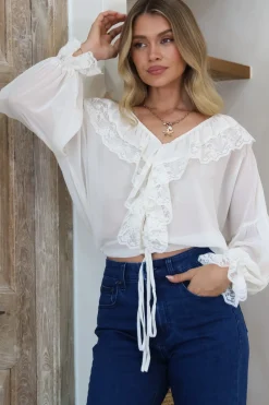 Mallin Blouse - Cascading Ruffles and Lace Crop with Balloon Sleeves in White>Salty Crush Best