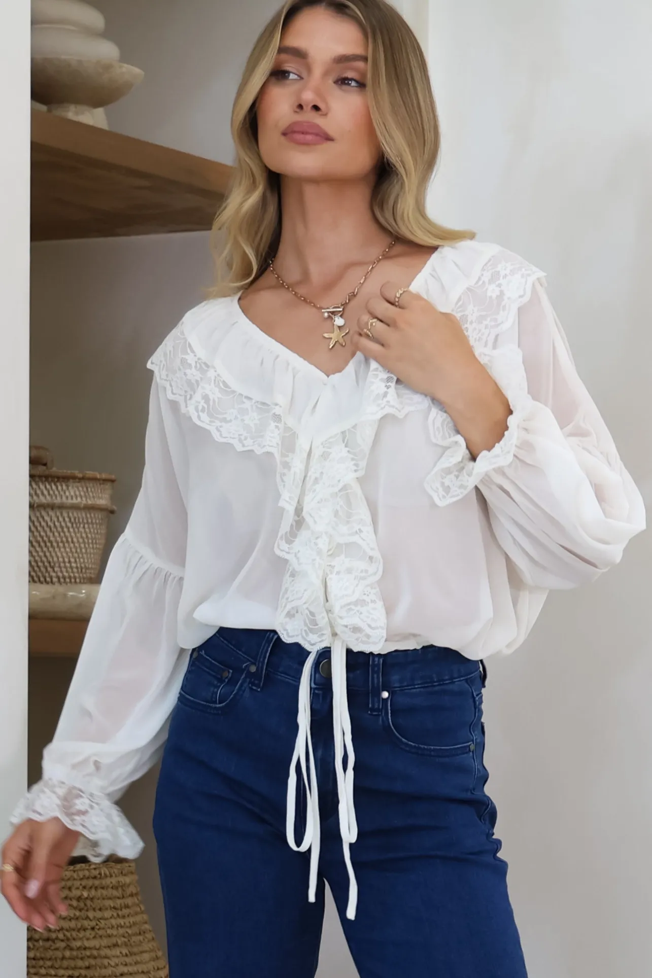 Mallin Blouse - Cascading Ruffles and Lace Crop with Balloon Sleeves in White>Salty Crush Best