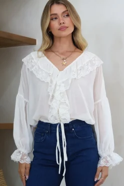 Mallin Blouse - Cascading Ruffles and Lace Crop with Balloon Sleeves in White><noscript><img width=