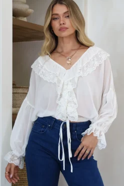 Mallin Blouse - Cascading Ruffles and Lace Crop with Balloon Sleeves in White><noscript><img width=
